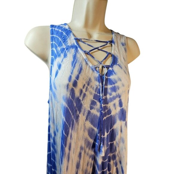 Ingear Resort Umbrella Dress OS Sleeveless Blue Tie Dye Tasseled Rayon Maxi NWT - Picture 2 of 8